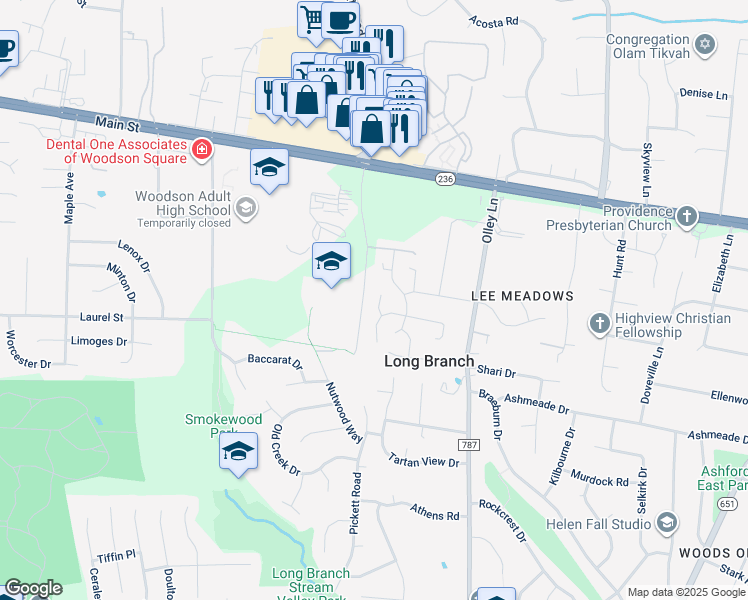map of restaurants, bars, coffee shops, grocery stores, and more near 4016 Bentnail Court in Fairfax