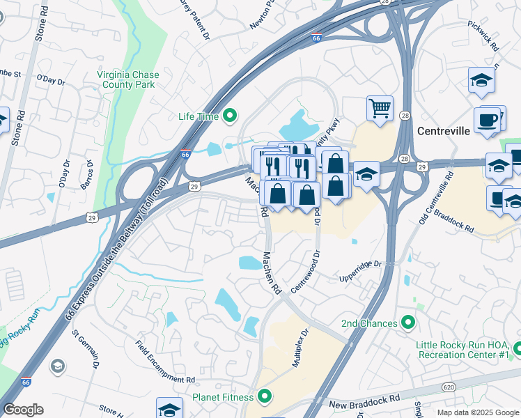 map of restaurants, bars, coffee shops, grocery stores, and more near 6016 Machen Road in Centreville