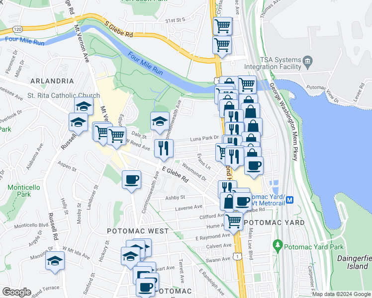 map of restaurants, bars, coffee shops, grocery stores, and more near 33 East Reed Avenue in Alexandria