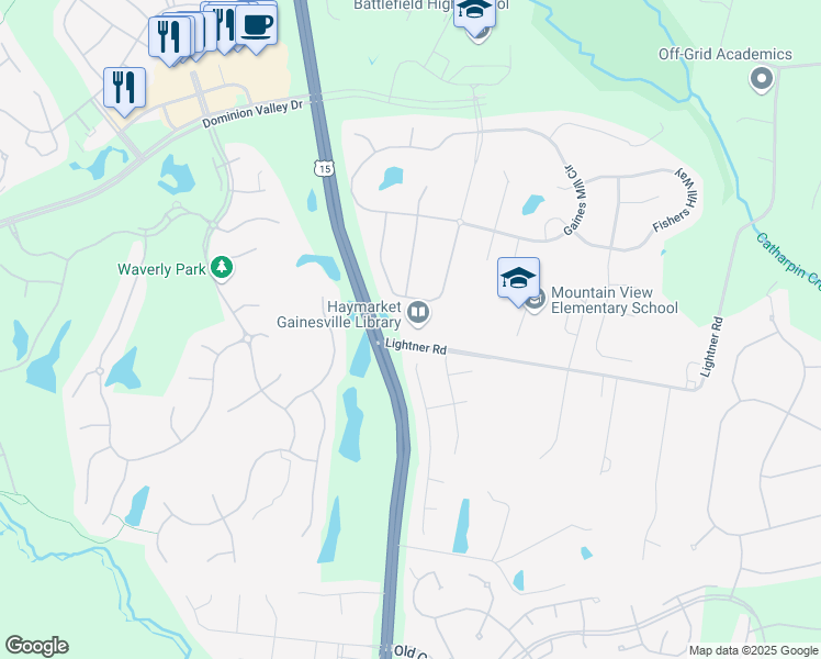 map of restaurants, bars, coffee shops, grocery stores, and more near 14870 Lightner Road in Haymarket