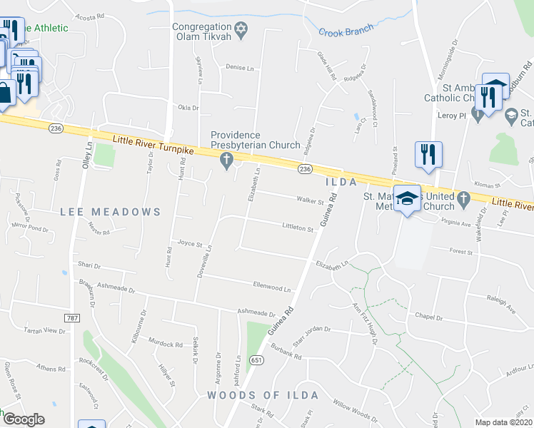 map of restaurants, bars, coffee shops, grocery stores, and more near 9000 Littleton Street in Fairfax