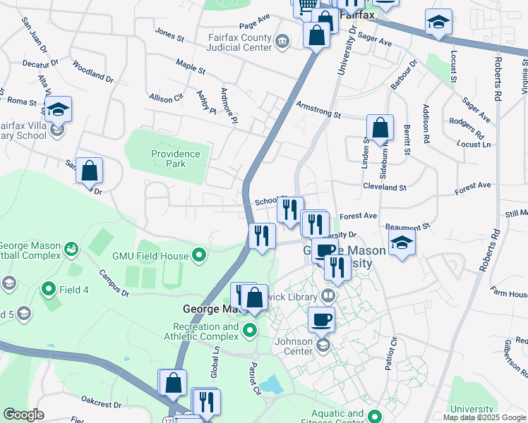 map of restaurants, bars, coffee shops, grocery stores, and more near 10589 Mason Park Court in Fairfax