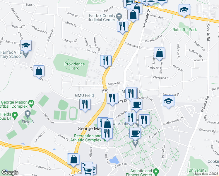 map of restaurants, bars, coffee shops, grocery stores, and more near 10595 Mason Park Court in Fairfax