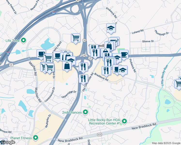 map of restaurants, bars, coffee shops, grocery stores, and more near 5866 Old Centreville Road in Centreville