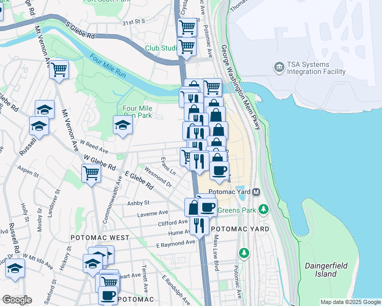 map of restaurants, bars, coffee shops, grocery stores, and more near 3502 Richmond Highway in Alexandria