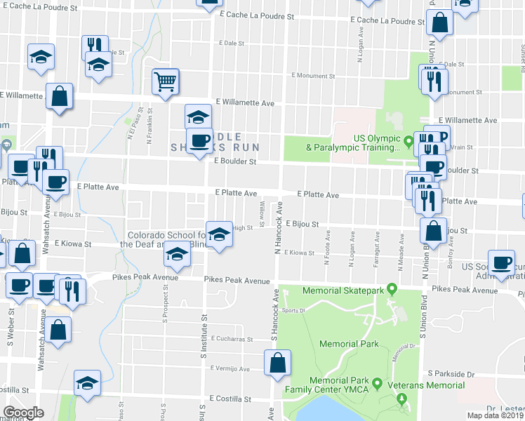 map of restaurants, bars, coffee shops, grocery stores, and more near Willow Street in Colorado Springs