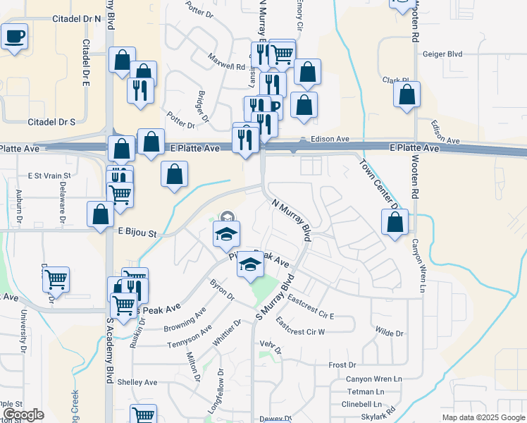 map of restaurants, bars, coffee shops, grocery stores, and more near 350 North Murray Boulevard in Colorado Springs