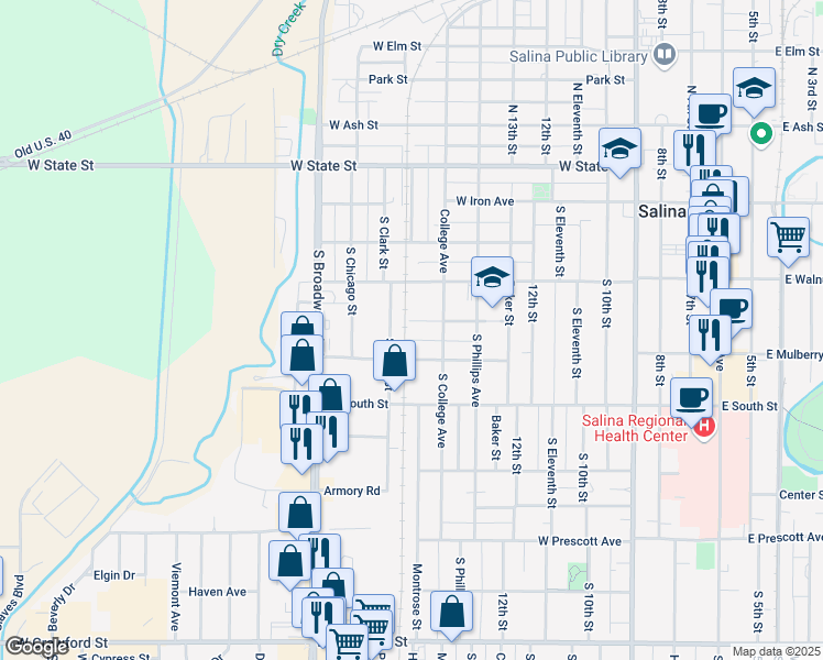 map of restaurants, bars, coffee shops, grocery stores, and more near 925 Cedar Street in Salina