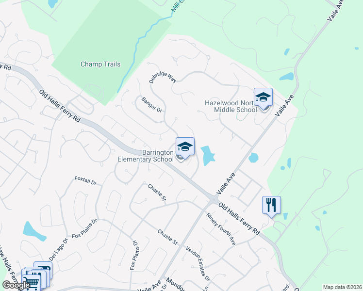 map of restaurants, bars, coffee shops, grocery stores, and more near 4338 Portland Lake Drive in Florissant