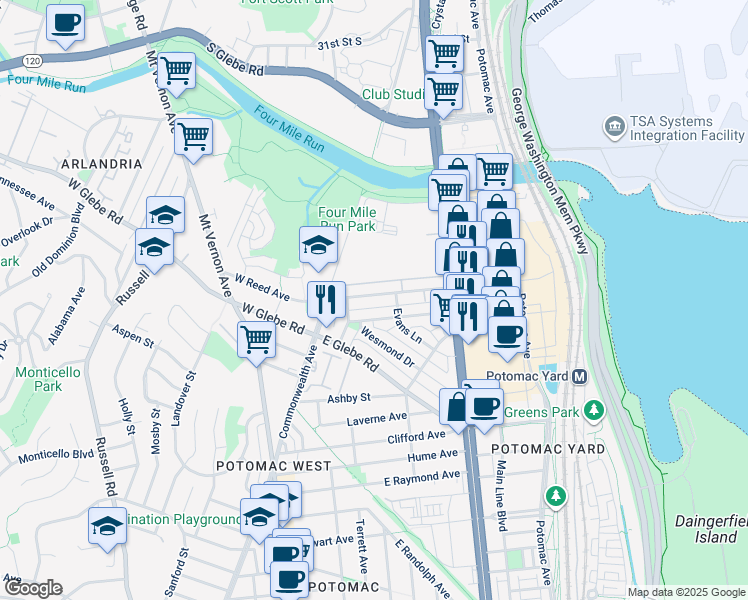 map of restaurants, bars, coffee shops, grocery stores, and more near 35 East Reed Avenue in Alexandria