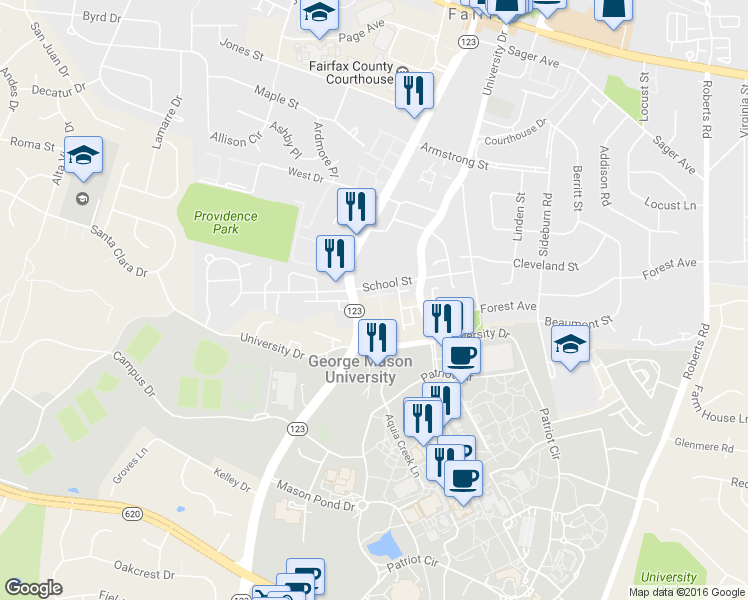 map of restaurants, bars, coffee shops, grocery stores, and more near 10589 Mason Park Court in Fairfax