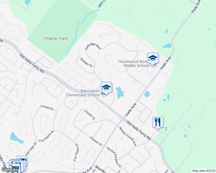 map of restaurants, bars, coffee shops, grocery stores, and more near 4338 Portland Lake Drive in Florissant