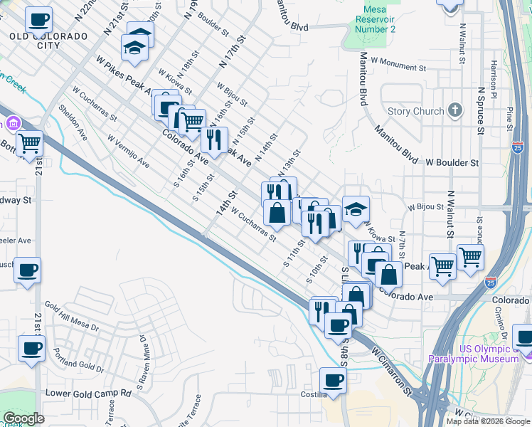 map of restaurants, bars, coffee shops, grocery stores, and more near 1221 Colorado Avenue in Colorado Springs