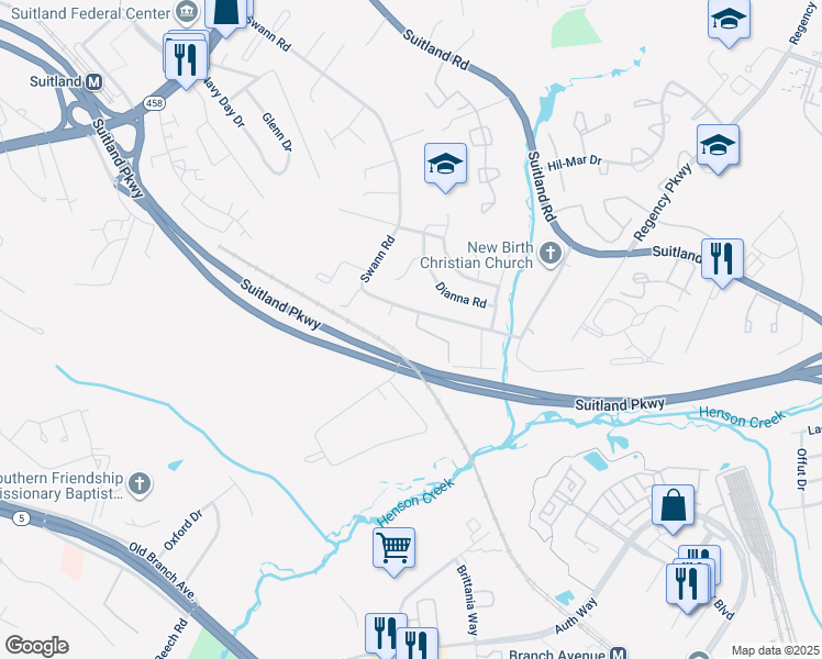 map of restaurants, bars, coffee shops, grocery stores, and more near 3803 Swann Road in Hillcrest Heights