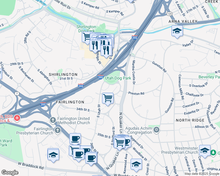 map of restaurants, bars, coffee shops, grocery stores, and more near 4204 32nd Street South in Arlington