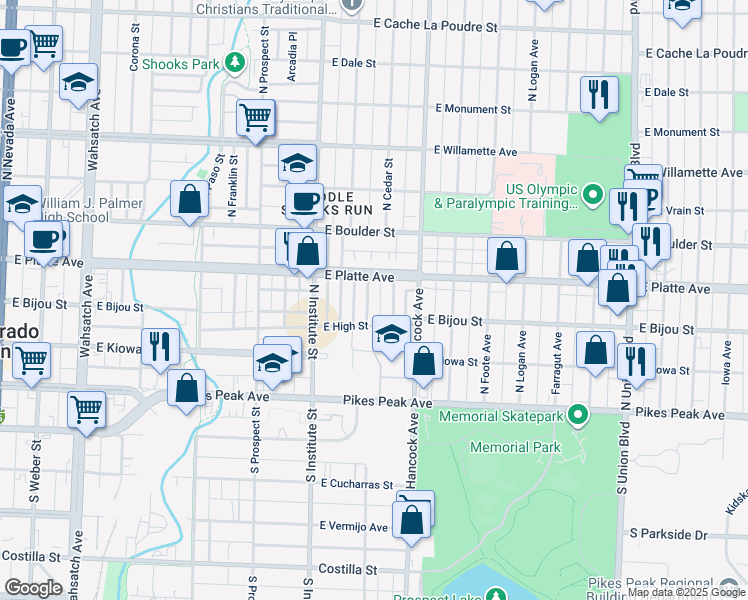 map of restaurants, bars, coffee shops, grocery stores, and more near 214 Willow Street in Colorado Springs