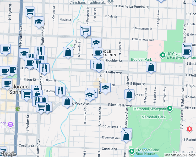map of restaurants, bars, coffee shops, grocery stores, and more near 219 North Institute Street in Colorado Springs