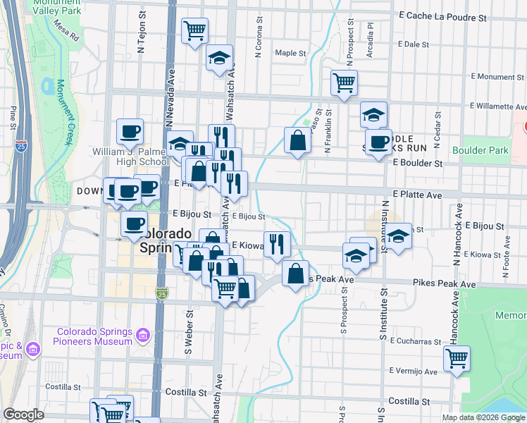 map of restaurants, bars, coffee shops, grocery stores, and more near 518 East Bijou Street in Colorado Springs