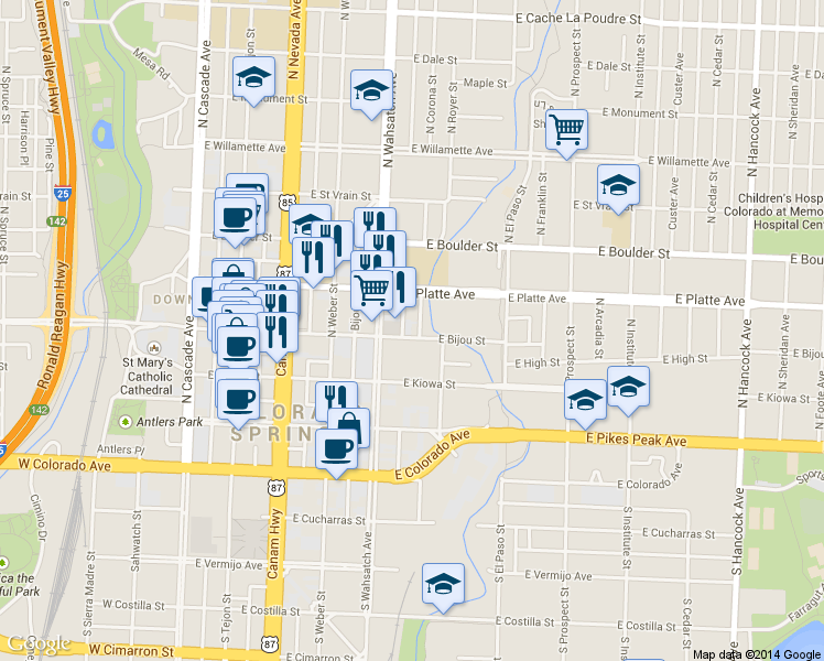 map of restaurants, bars, coffee shops, grocery stores, and more near 417 1/2 East Bijou Street in Colorado Springs
