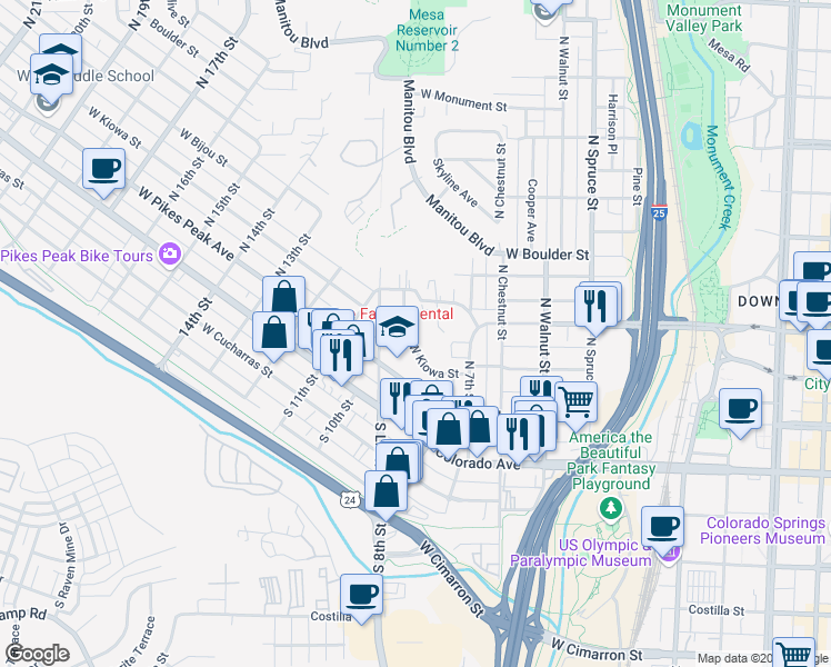 map of restaurants, bars, coffee shops, grocery stores, and more near 827 West Kiowa Street in Colorado Springs