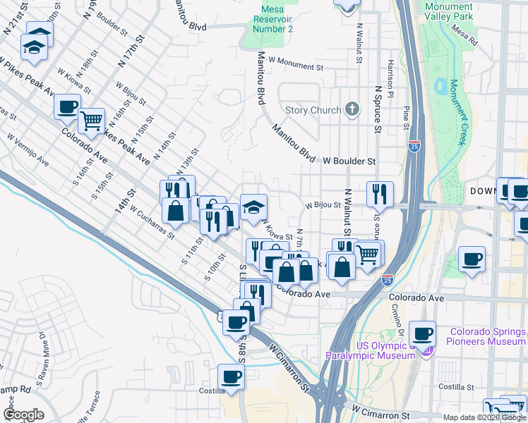 map of restaurants, bars, coffee shops, grocery stores, and more near 827 West Kiowa Street in Colorado Springs