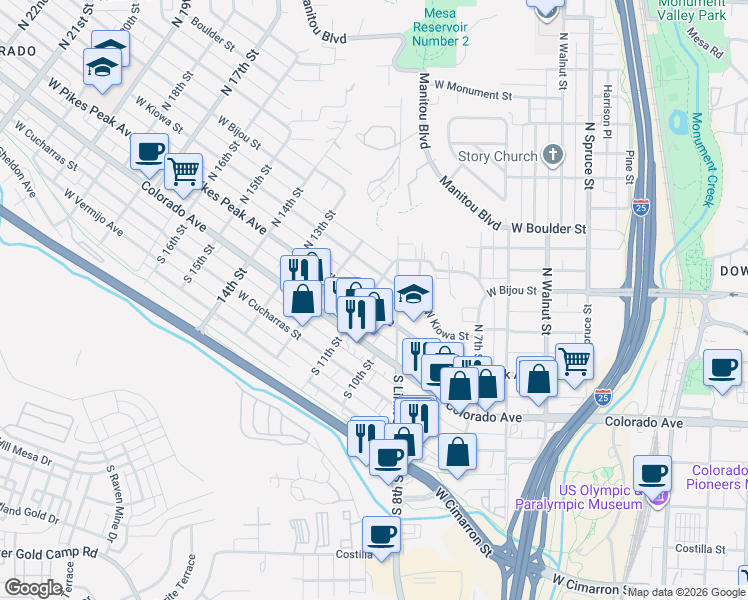 map of restaurants, bars, coffee shops, grocery stores, and more near 1012 West Pikes Peak Avenue in Colorado Springs