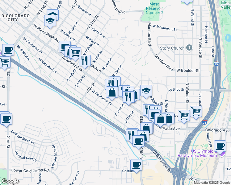 map of restaurants, bars, coffee shops, grocery stores, and more near 1130 Colorado Avenue in Colorado Springs