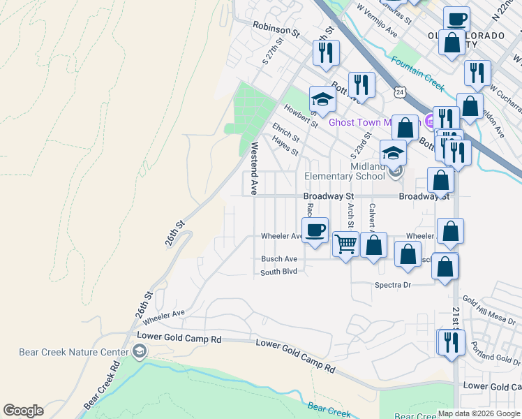 map of restaurants, bars, coffee shops, grocery stores, and more near 1314 Langmeyer Street in Colorado Springs