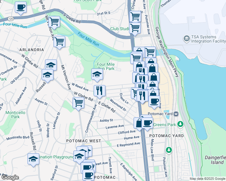 map of restaurants, bars, coffee shops, grocery stores, and more near 33 East Reed Avenue in Alexandria