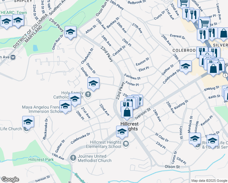 map of restaurants, bars, coffee shops, grocery stores, and more near 3907 23rd Parkway in Temple Hills