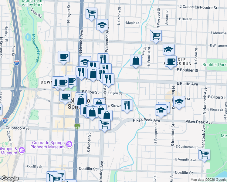 map of restaurants, bars, coffee shops, grocery stores, and more near 417 1/2 East Bijou Street in Colorado Springs