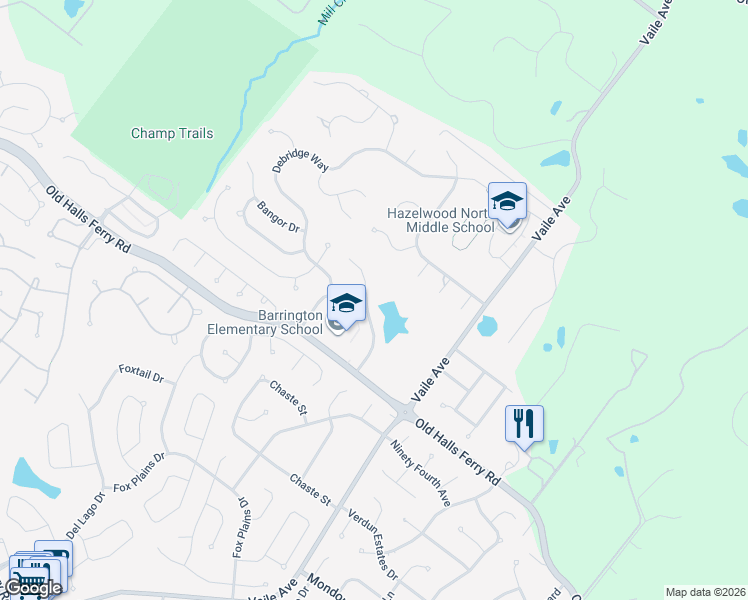 map of restaurants, bars, coffee shops, grocery stores, and more near 4340 Keevenshore Drive in Florissant