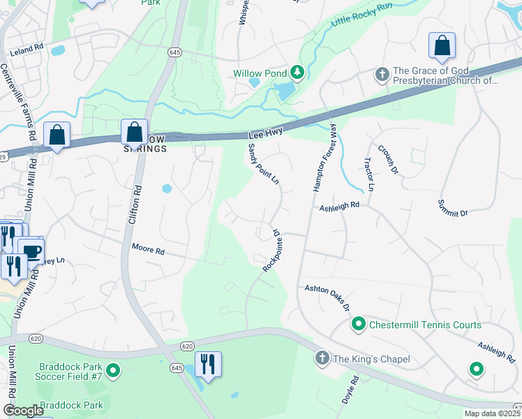 map of restaurants, bars, coffee shops, grocery stores, and more near 5481 Rockpointe Drive in Clifton