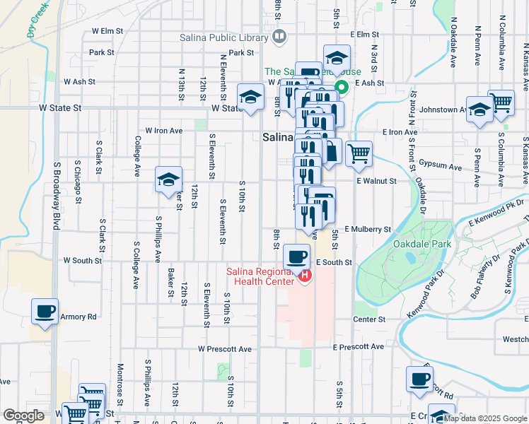 map of restaurants, bars, coffee shops, grocery stores, and more near 241 South 9th Street in Salina