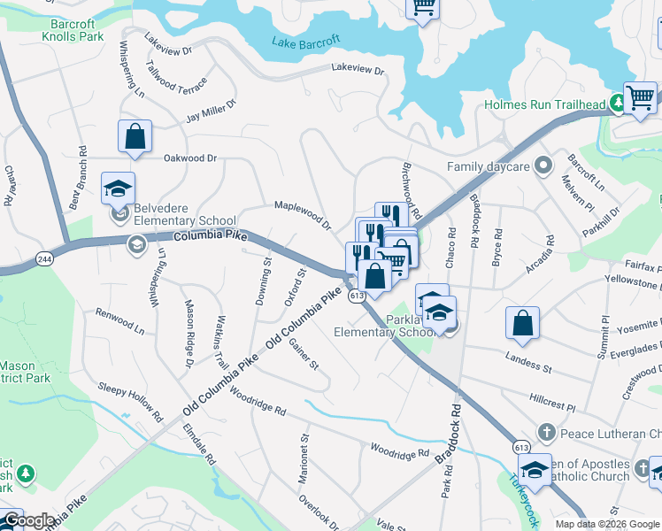 map of restaurants, bars, coffee shops, grocery stores, and more near 6414 Columbia Pike in Annandale