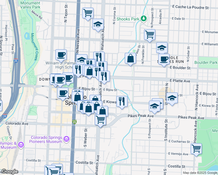 map of restaurants, bars, coffee shops, grocery stores, and more near 417 1/2 East Bijou Street in Colorado Springs