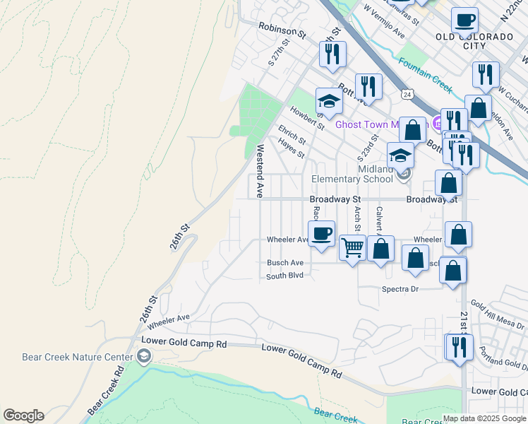 map of restaurants, bars, coffee shops, grocery stores, and more near 1311 Westend Avenue in Colorado Springs
