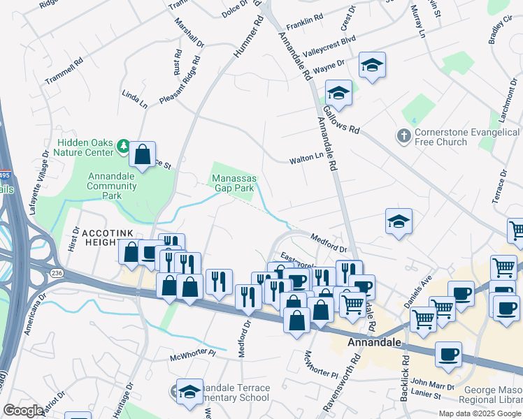 map of restaurants, bars, coffee shops, grocery stores, and more near 3821-3819 Dade Drive in Annandale