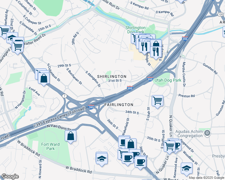 map of restaurants, bars, coffee shops, grocery stores, and more near 4601 31st Road South in Arlington