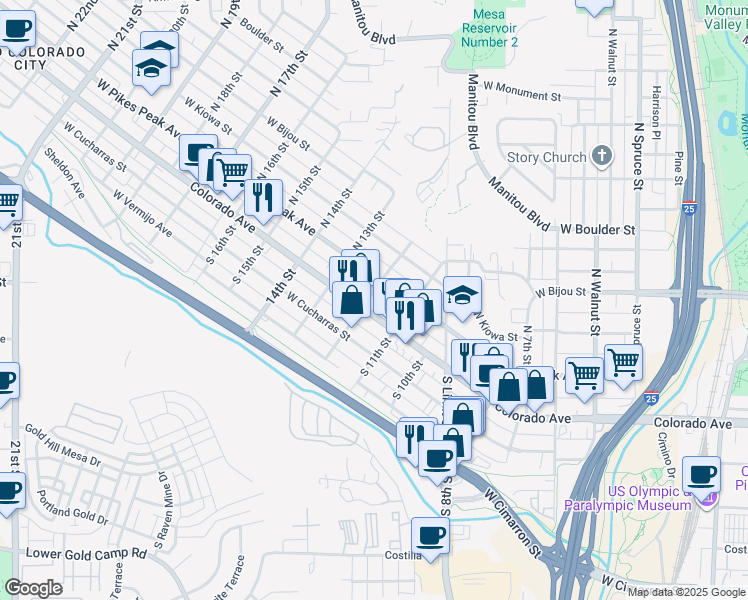 map of restaurants, bars, coffee shops, grocery stores, and more near 1130 Colorado Avenue in Colorado Springs