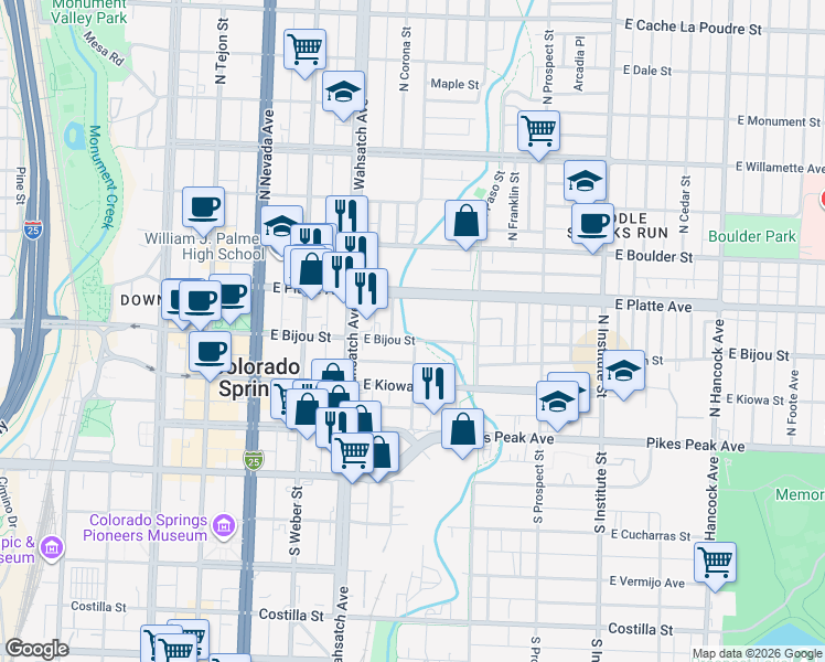 map of restaurants, bars, coffee shops, grocery stores, and more near 518 East Bijou Street in Colorado Springs