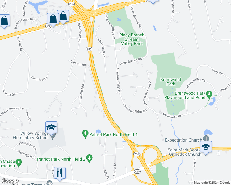 map of restaurants, bars, coffee shops, grocery stores, and more near 5110 Pheasant Ridge Road in Fairfax