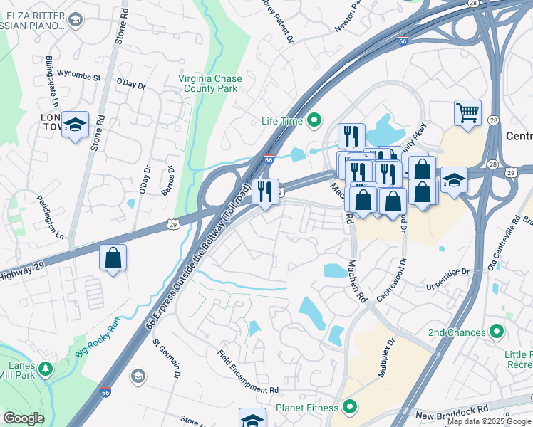 map of restaurants, bars, coffee shops, grocery stores, and more near 14435 Saint Germain Drive in Centreville
