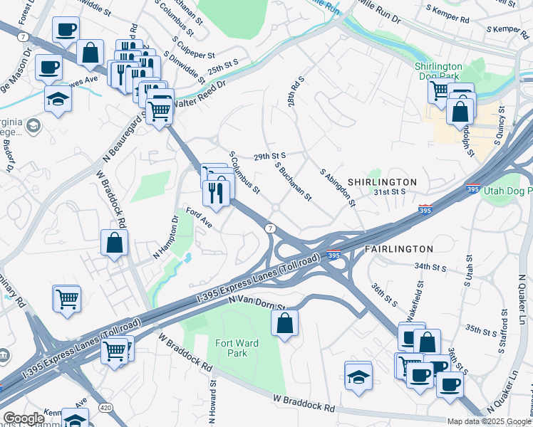 map of restaurants, bars, coffee shops, grocery stores, and more near 4907 30th Street South in Arlington