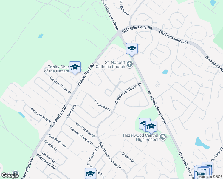 map of restaurants, bars, coffee shops, grocery stores, and more near 1504 Sycamore Glen Court in Florissant
