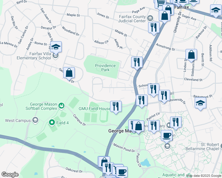map of restaurants, bars, coffee shops, grocery stores, and more near 4331 Delegate Court in Fairfax