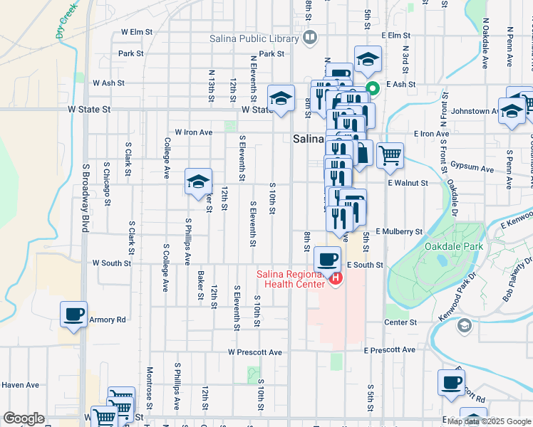 map of restaurants, bars, coffee shops, grocery stores, and more near 238 South 10th Street in Salina