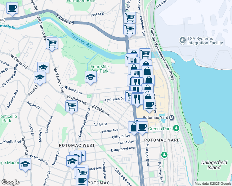 map of restaurants, bars, coffee shops, grocery stores, and more near 101 West Reed Avenue in Alexandria