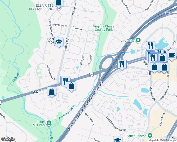 map of restaurants, bars, coffee shops, grocery stores, and more near 6117 South Barros Court in Centreville