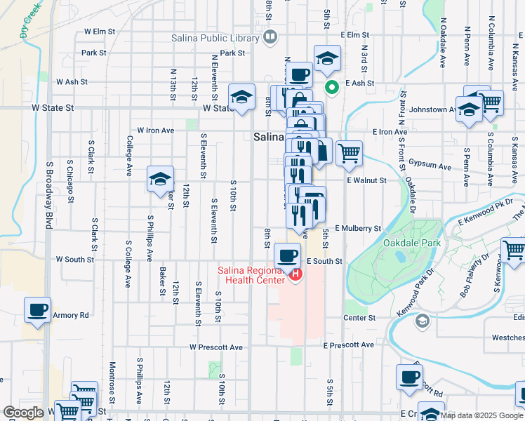 map of restaurants, bars, coffee shops, grocery stores, and more near 240 South 8th Street in Salina